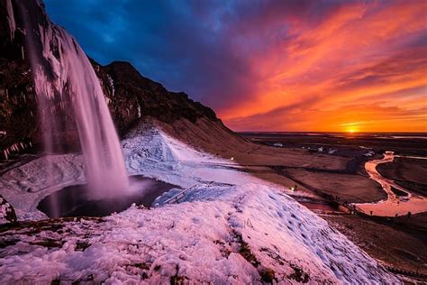 Hd Wallpaper Landscape Sunset Nature Rocks Waterfall Ice Iceland