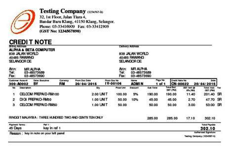 Invoiceberry| sample template for a credit note. Alpine Tech :: Sales Credit Note
