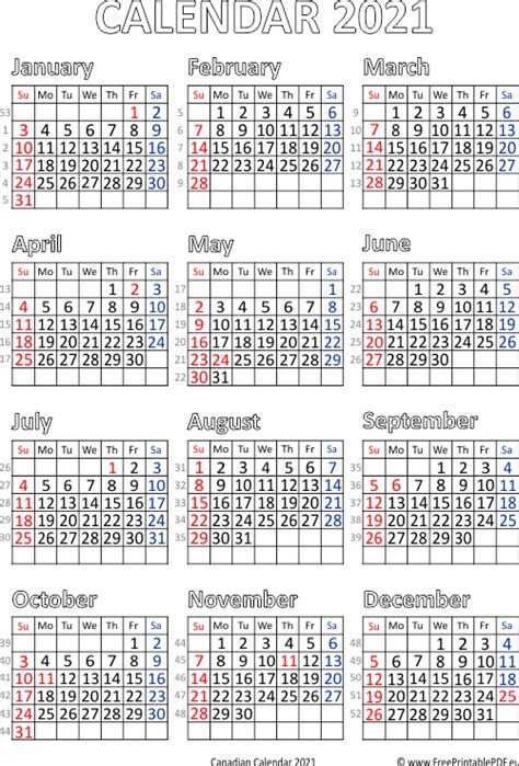 Calendar 2021 Canada Pdf Free Printable Pdf