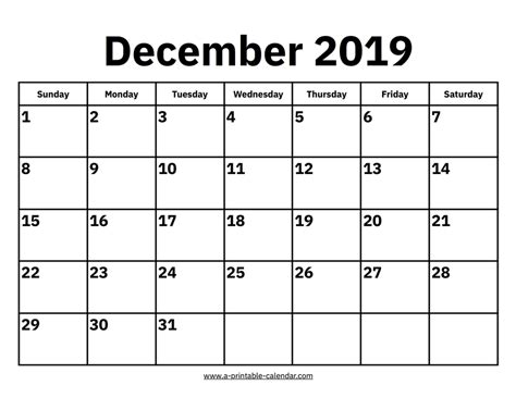 Large December 2019 Calendar
