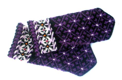 Purple Black Mittens Hand Knitted Wool Mittens Purple Black Etsy