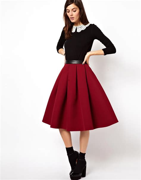 Asos Premium Full Midi Skirt In Bonded Crepe In Red Lyst
