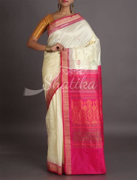 Reena Milky White With Pretty Pink Bomkai Ornate Border Pallu Sambalpuri Silk Saree Saree