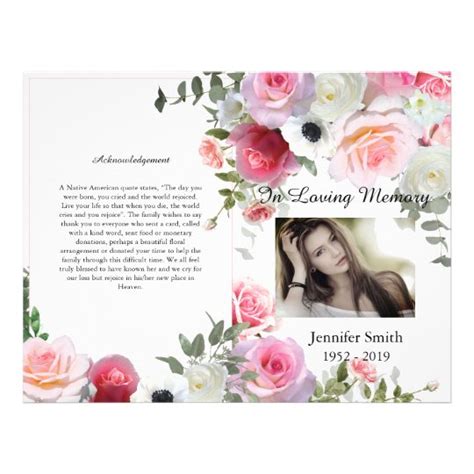 Bi Fold Pink Roses Funeral Program Flyer