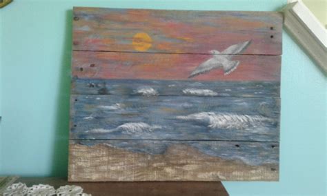 Reclaimed Wood Coastal Sunset Painting Beach Seagull By