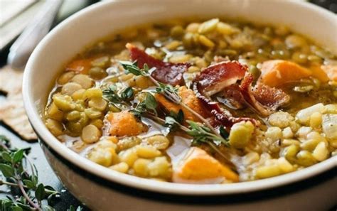It's filled with bacon and sweet potato chunks and it gets a hit of umami flavor from miso! Split Pea Soup with Bacon | MyFitnessPal