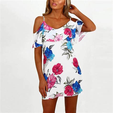 2018 Mini Dress Floral Vacation Sexy Flower Printing O Neck Short Sleeve Off The Shoulder Summer