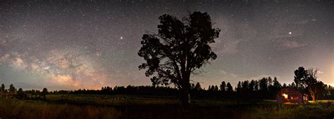 Stars And The Milky Way Over The Night Landscape With Cabin And Tree