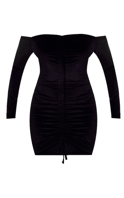 Black Velvet Long Sleeve Bardot Bodycon Dress Prettylittlething