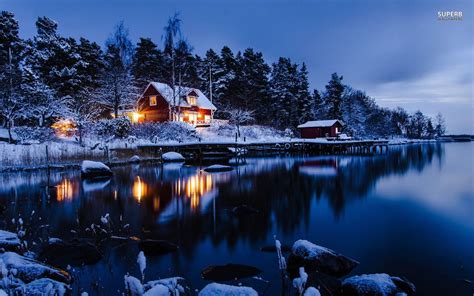 Book your log cabin now. Winter Log Cabin | Lakeside winter cabin wallpaper ...