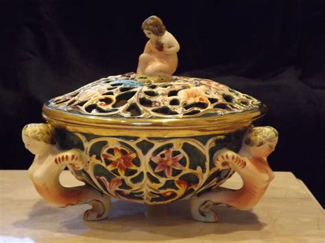 Capodimonte Italy Vintage Mermaid Cherub Footed Covered Porcelain Dish