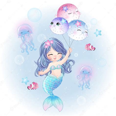 Premium Vector Hand Drawn Cute Mermaid Flying With Fish Balloon