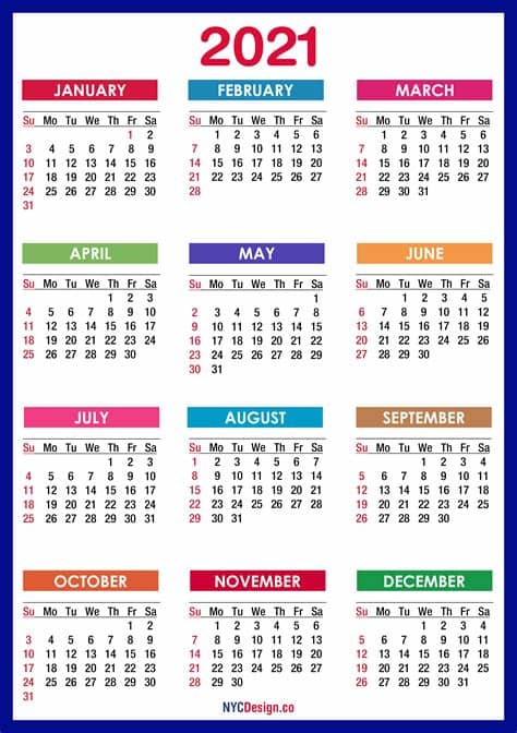 This template is without holidays. 2021 Calendar Printable Free, PDF, Colorful, Blue, Green ...