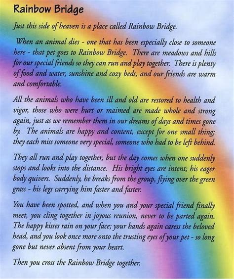Sep 24, 2018 · free 8.5in x 11 in printable rainbow bridge poem there have been a few newer rainbow bridge poems, but below is the original rainbow bridge poem in a printable version available for free. Black & White Sunday: Remembering Gerry