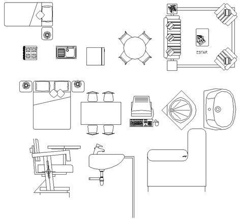 Autocad 2d Drawing Shows Assorted Furniture Blocks Download The Dwg