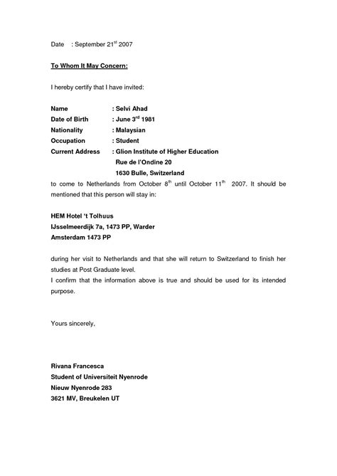 Schengen Family Invitation Letter For Visa Sample