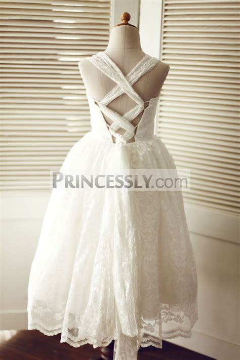 Sweetheart Straps Backless Ivory Lace Wedding Flower Girl