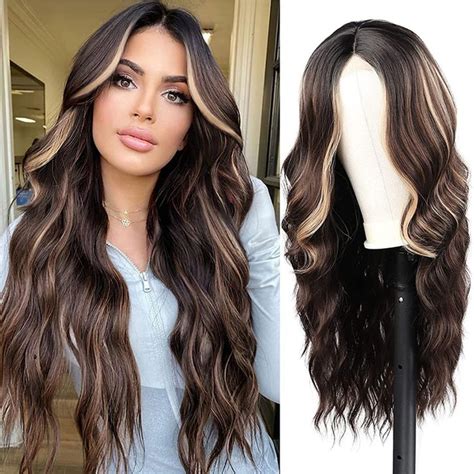 Toyotress 26 Inches Long Wavy Wig Middle Part Highlights Wigs Syntheti