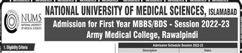 Army Medical College Rawalpindi NUMS Admissions 2022 Last Date Fee