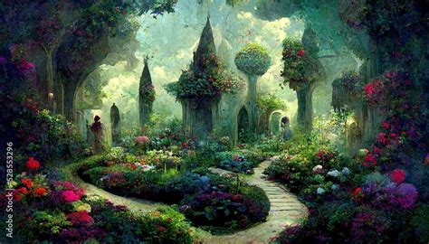 Fantasy Floral Garden Concept Art Illustration Stock Illustration