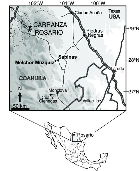 Map Of Mexico With The State Of Coahuila In Gray Below And Zoom On
