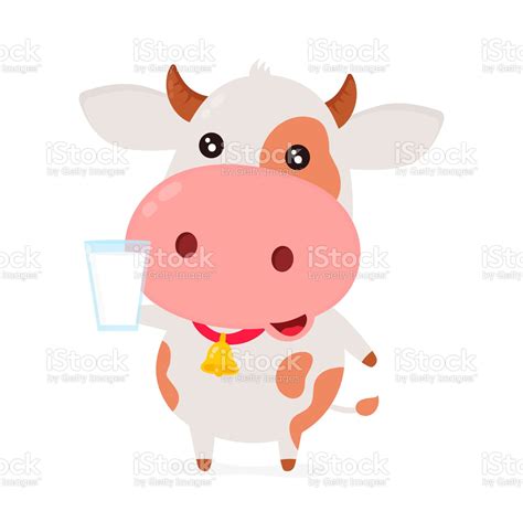 Cute Smiling Happy Funny Cow With Glass Of Milkvector Flat Cartoon