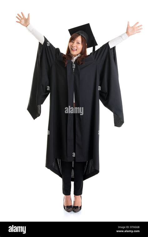 Full Body University Student Excited Asian Female In Graduation Gown