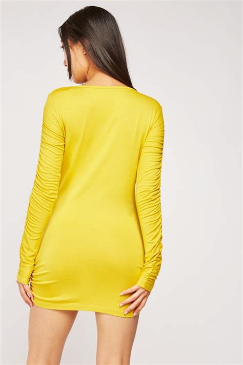 Ruched Bodycon Yellow Mini Dress Just