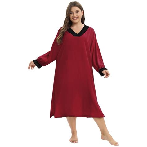 Wbq Womens Nightgown Long Sleeve Loose Nightdress Soft House Dress Plus Size V Neck Nightshirts