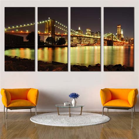 If landscapes delight you, then try out this cityscape. Brooklyn Bridge Canvas Wall Art, Yellow City Bridge Lights ...