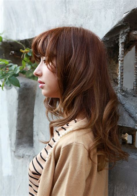Long waves with subtle highlights. Asian Girls Shoulder Length Wavy Hairstyle with Full Bangs ...