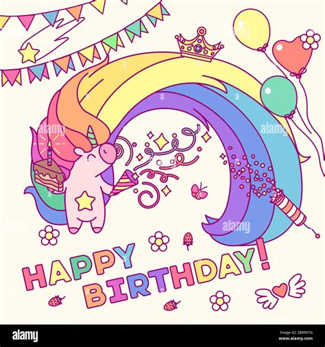 Vector Happy Birthday Rainbow Unicorn Card Clip Art Stock Vector Image