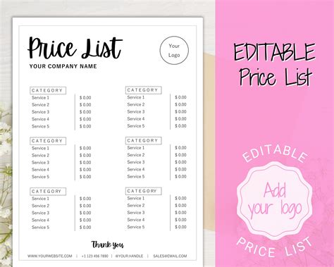 Downloadable Free Editable Price List Template