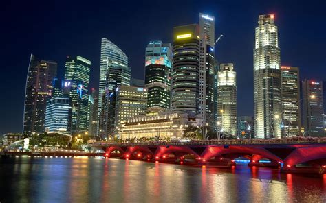Wallpaper Singapore City At Night River Skyscrapers Bridge Lights