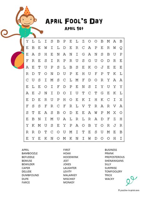 Free Printable April Fools Day Word Search April Fools Pranks April