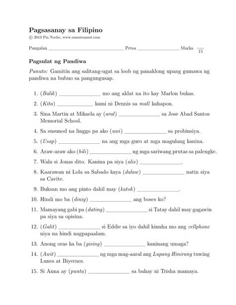 Pdf Pagsasanay Sa Filipino Samut Samot Free Printable Si