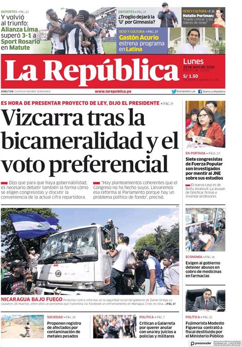 Periódico La Republica Perú Periódicos De Perú Edición De Lunes 23