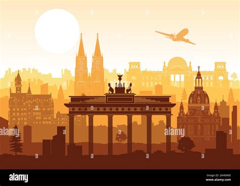 Germany Famous Landmark Silhouette Style With Row Design On Sunset Time