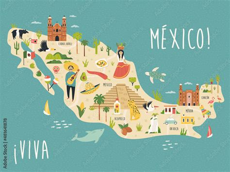 Vector Illustration Map With Famous Landmarks Symbols Of Mexico Stock