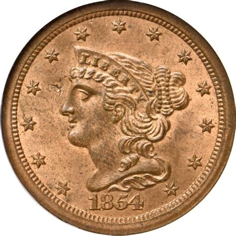 Head facing left, within circle of 13 stars obverse legend. 1854 Braided Hair Half Cent. MS-63 RB (NGC). OH.