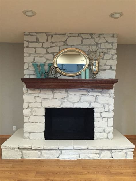 Painted Stone Fireplace So Happy With The Results Whitewash Stone