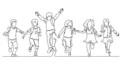 Continuous Line Drawing Of Happiness Little Students Group Enjoy School