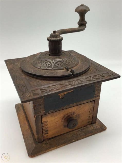 1800s Antique Parkers National Coffee Mill Cast Iron Wood Grinder