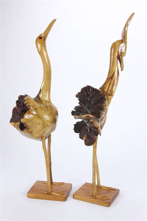 Pair Of Heron Or Crane Burled Wood Folk Art Carved Sculptures Male
