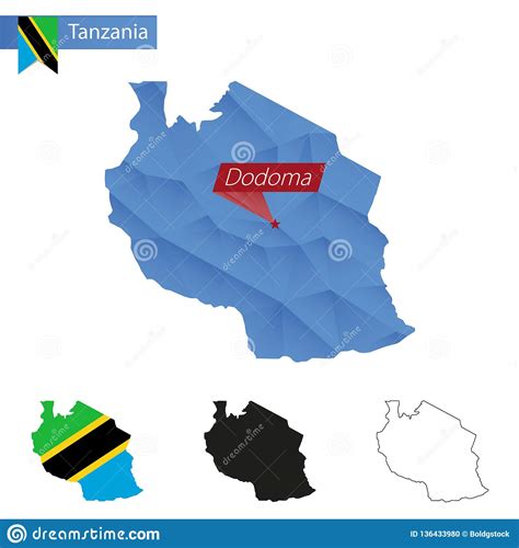 Tanzania Blue Low Poly Map With Capital Dodoma Stock Vector