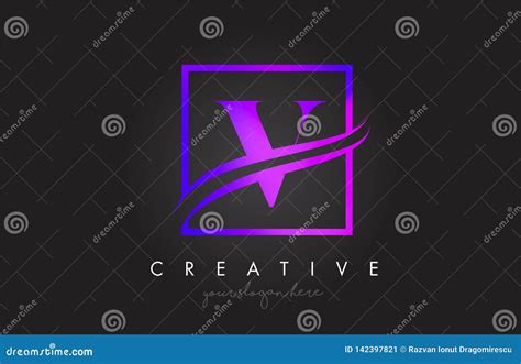 V Purple Violet Letter Logo Design With Square Swoosh Border And