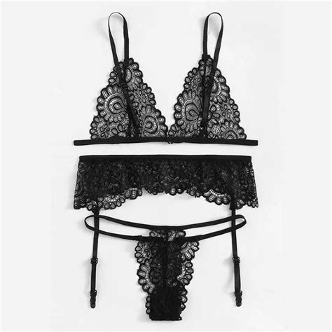 sexy black lace hollow spaghetti straps triangle bra thong lingerie sets with garter n20745
