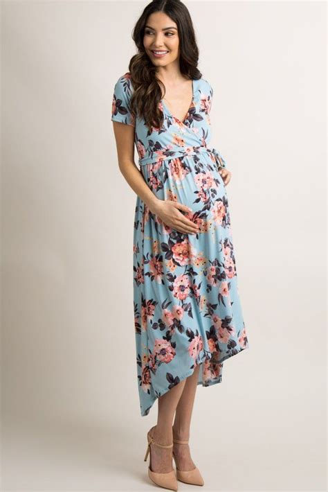 Blue Floral Hi Low Maternity Midi Dress In 2020 Maternity Midi Dress Maternity Wrap Dress