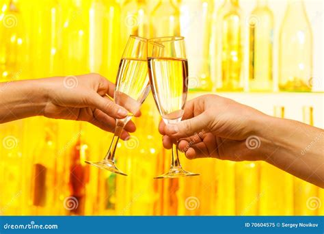 Man And Woman Hands Holding Champagne Glasses Stock Image Image Of Celebrate Glass 70604575