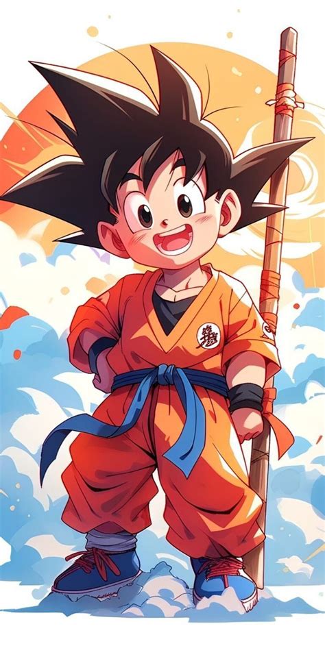 A Cartoon Character Holding A Stick And Wearing An Orange Outfit With Black Hair Standing In The